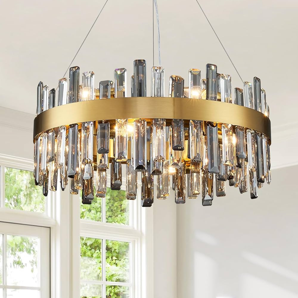 Siljoy Modern Crystal Chandeliers, 12 Lights Brass Gold Raindrop Crystal Chandelier Lighting, Adj... | Amazon (US)