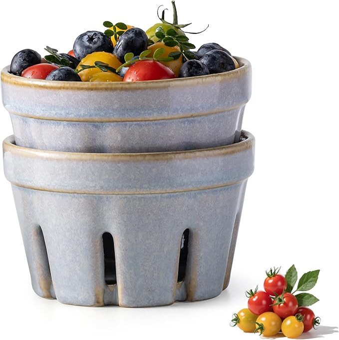 Gomakren Ceramic Berry Basket Set of 2, Round Fruit Bowl with Holes, Fruit Storage Containers for... | Amazon (US)