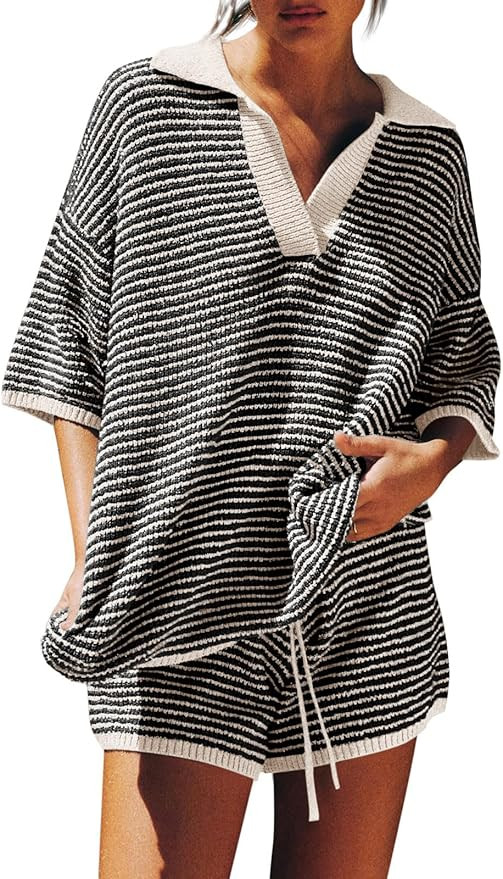 Tankaneo Womens Sweater Set 2 Piece Outfits Oversized 3/4 Sleeve V Neck Knit Tops High Waisted Sh... | Amazon (US)