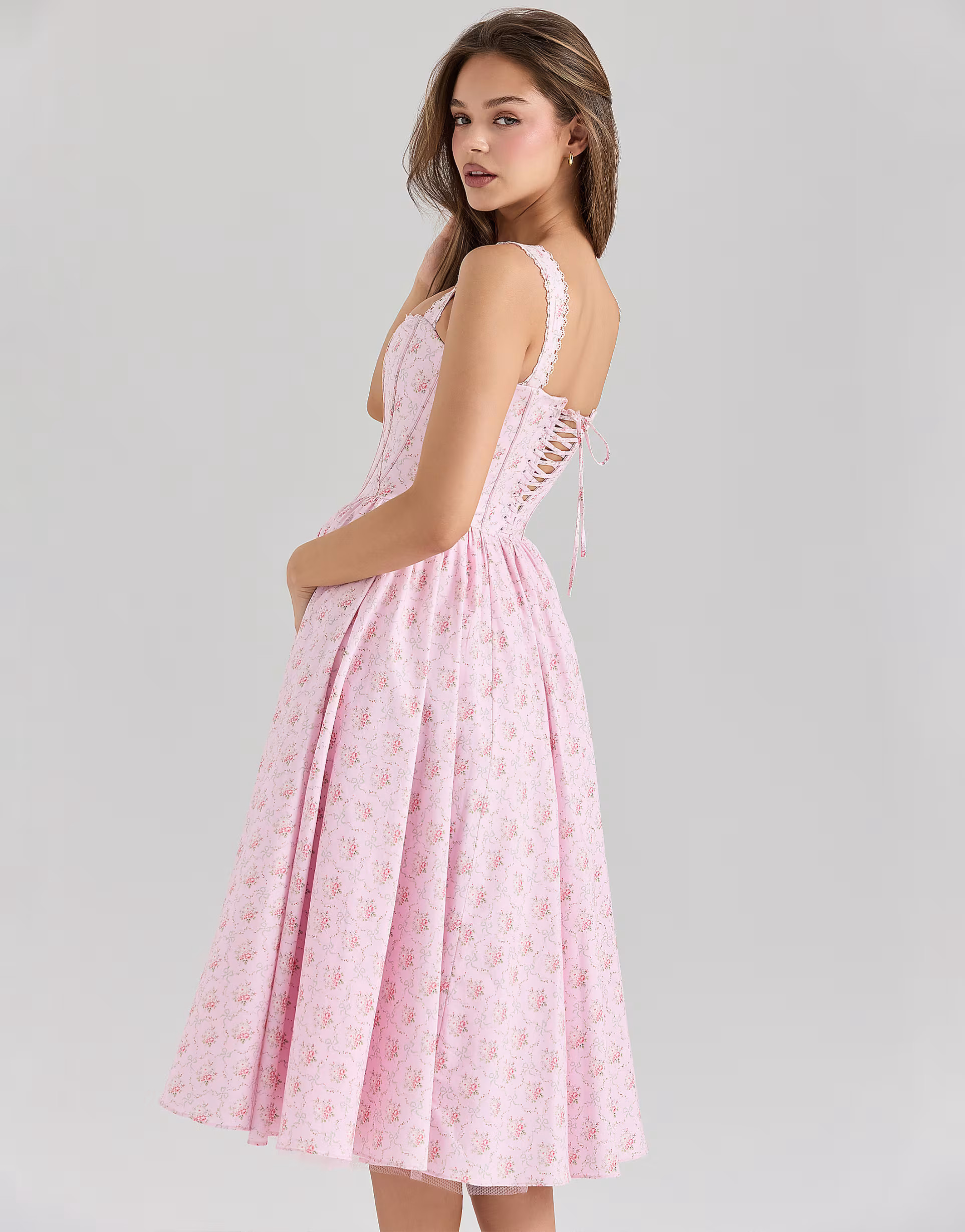 House of CB Amara stretch cotton corset midi dress in pink rose print | ASOS (Global)