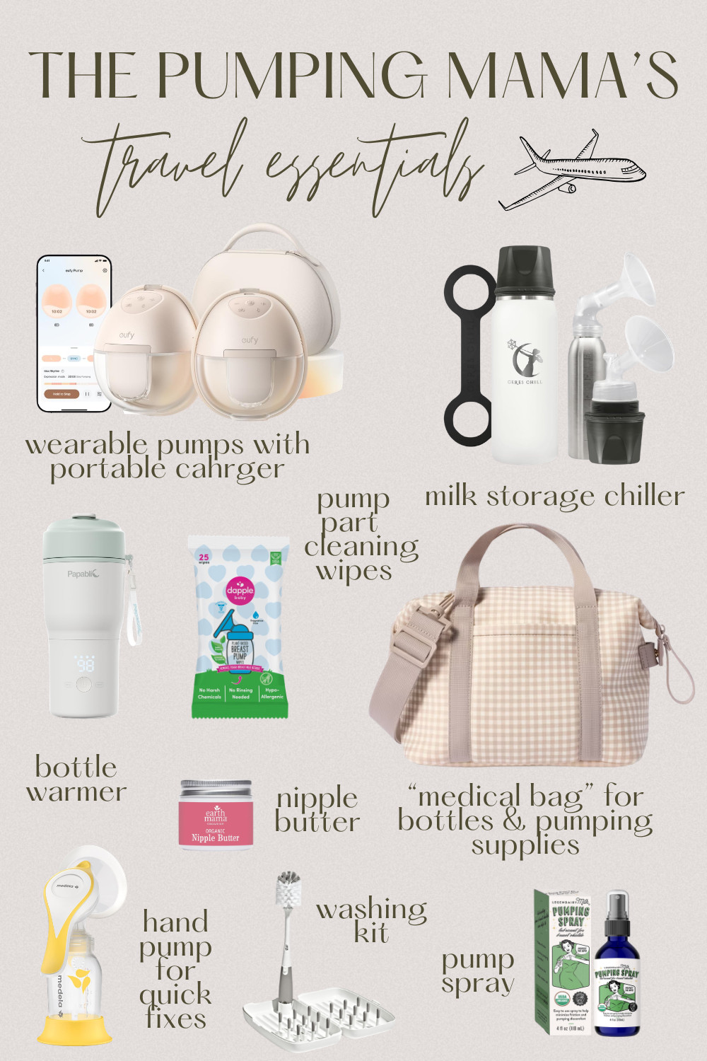 Traveling while pumping does not have to be stressful with the right gear! ✈️🤍 Eufy wearable pumps with a portable charger, a Ceres Chill milk storage chiller, Dapple pump part cleaning wipes, a portable bottle warmer, Earth Mama nipple butter, a dedicated bag for all your pumping supplies, a hand pump for quick fixes, a bottle washing kit, and pumping spray. Everything you need linked below! #pumpingmama #travelingwhilepumping #breastfeeding #exclusivelypumping #ltkbaby #newmom 

 #LTKmomlife #LTKBaby #LTKBump