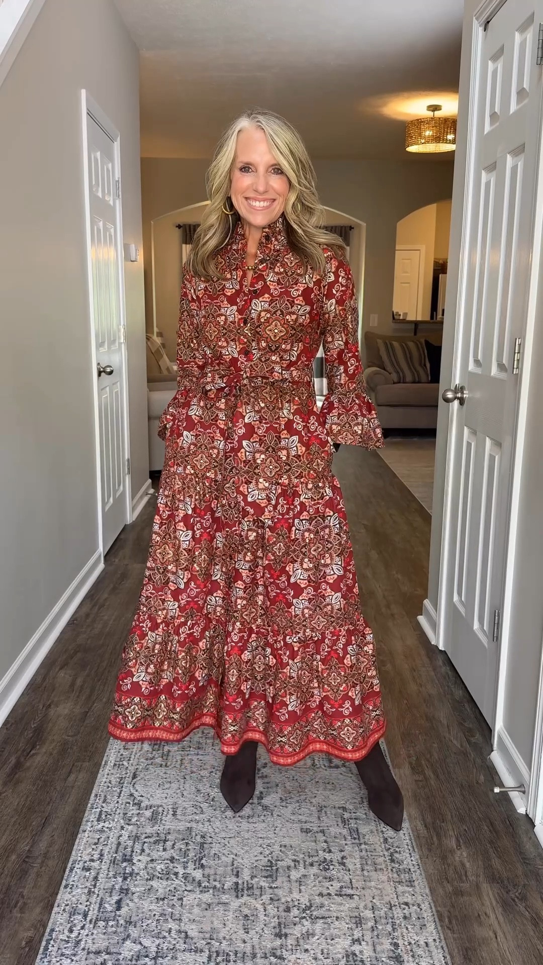 Jude Connally fall styles in faux suede and animal print. Gorgeous deep red and golds. Wearing XS in all except red faux leather jacket is small 

#LTKStyleTip #LTKOver40 #LTKWorkwear