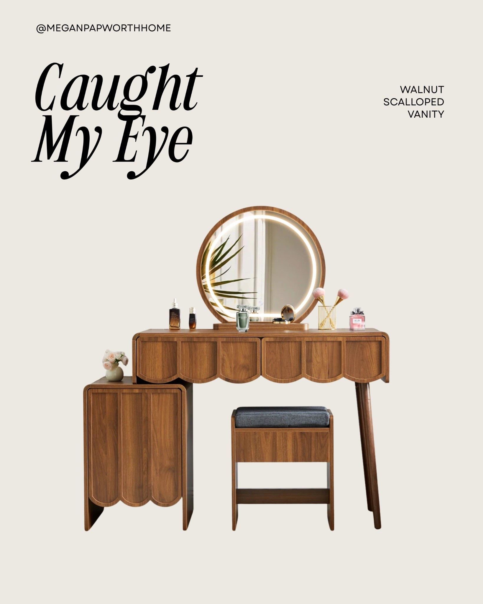 OK, let’s talk about how cute this walnut scalloped vanity is! For your master bedroom or your teenager’s bedroom, this is so darling and unique! 🤎 