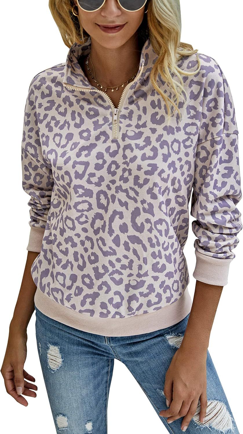 ECOWISH Womens Leopard Sweatshirt Lightweight Zipper Long Sleeve Casual Ladies Sweatshirts Pullov... | Amazon (US)