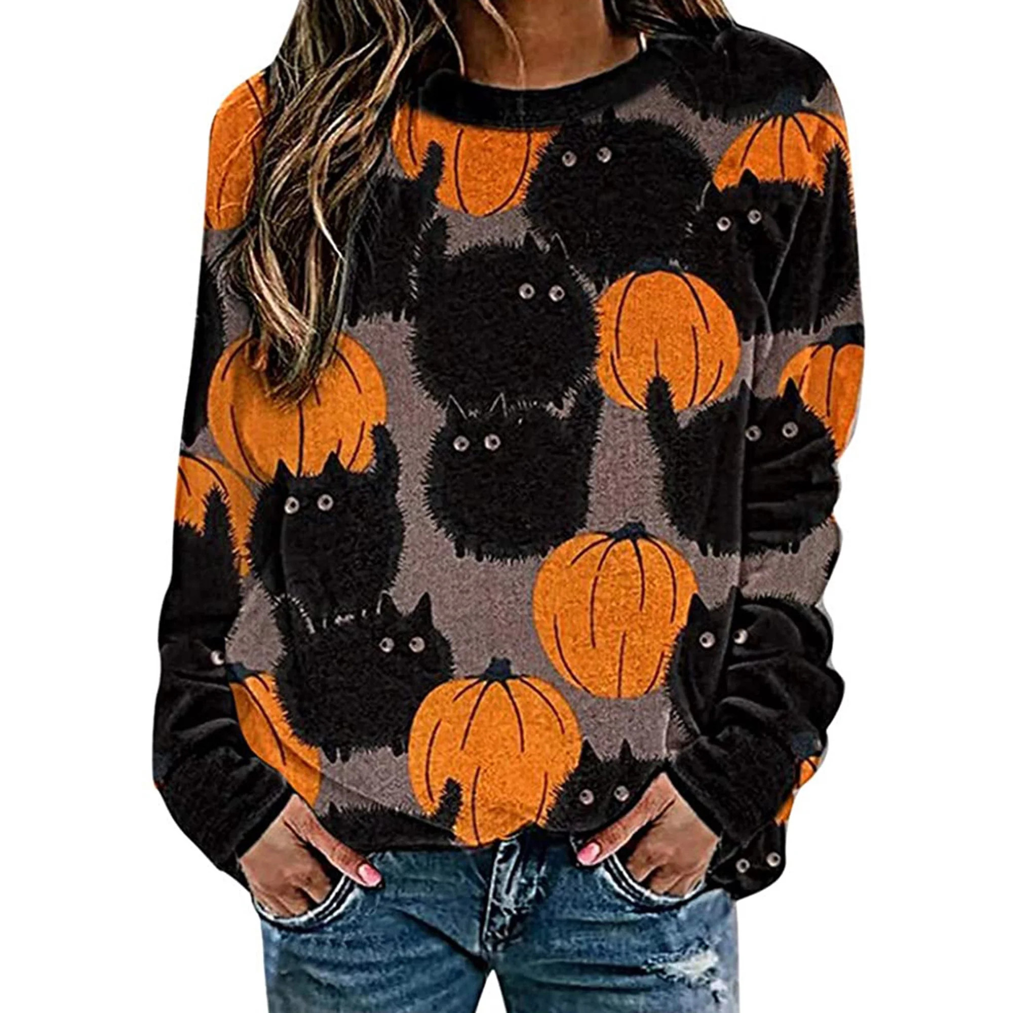 Musuos Womens Knitting Halloween Pumpkin and Cat Sweatshirt for Women Halloween Crewneck Sweater | Walmart (US)