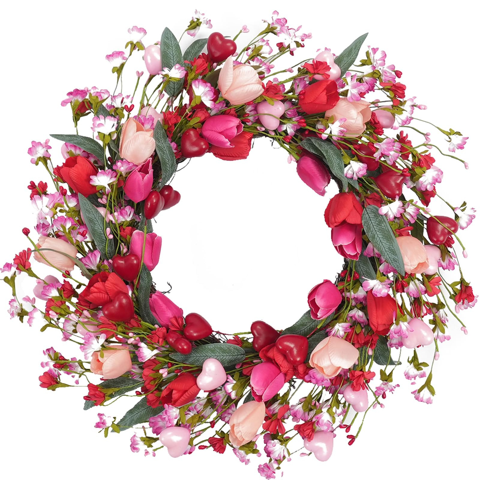 vivimemo 22 Inch Valentine's Day Wreath,Artificial Flower Wreath with Red/Pink Tulips & Heart Dec... | Amazon (US)