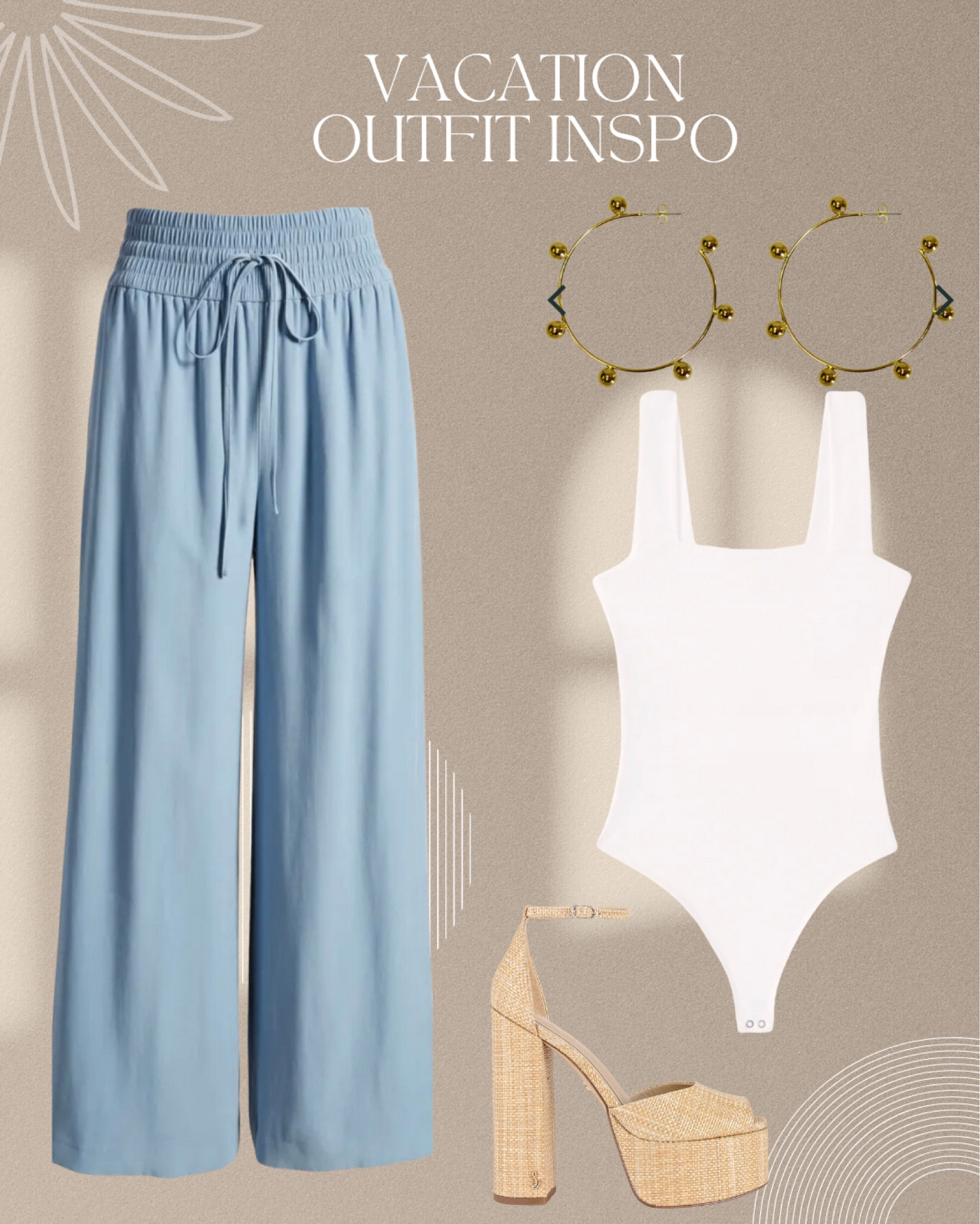 Vacation outfit inspo, vacation outfit inspiration, summer outfit, bodysuit outfit, wide leg pants, flowy pants, drawstring pants, white bodysuit

Drawstring Wide Leg Pants
Open Edit

Kori Platform in Bleached Beechwood
Sam Edelman

Double-Layered Seamless Fabric Squareneck Bodysuit

Jungle Jack Straw Tote
Roxy

#LTKfit #LTKU #LTKstyletip