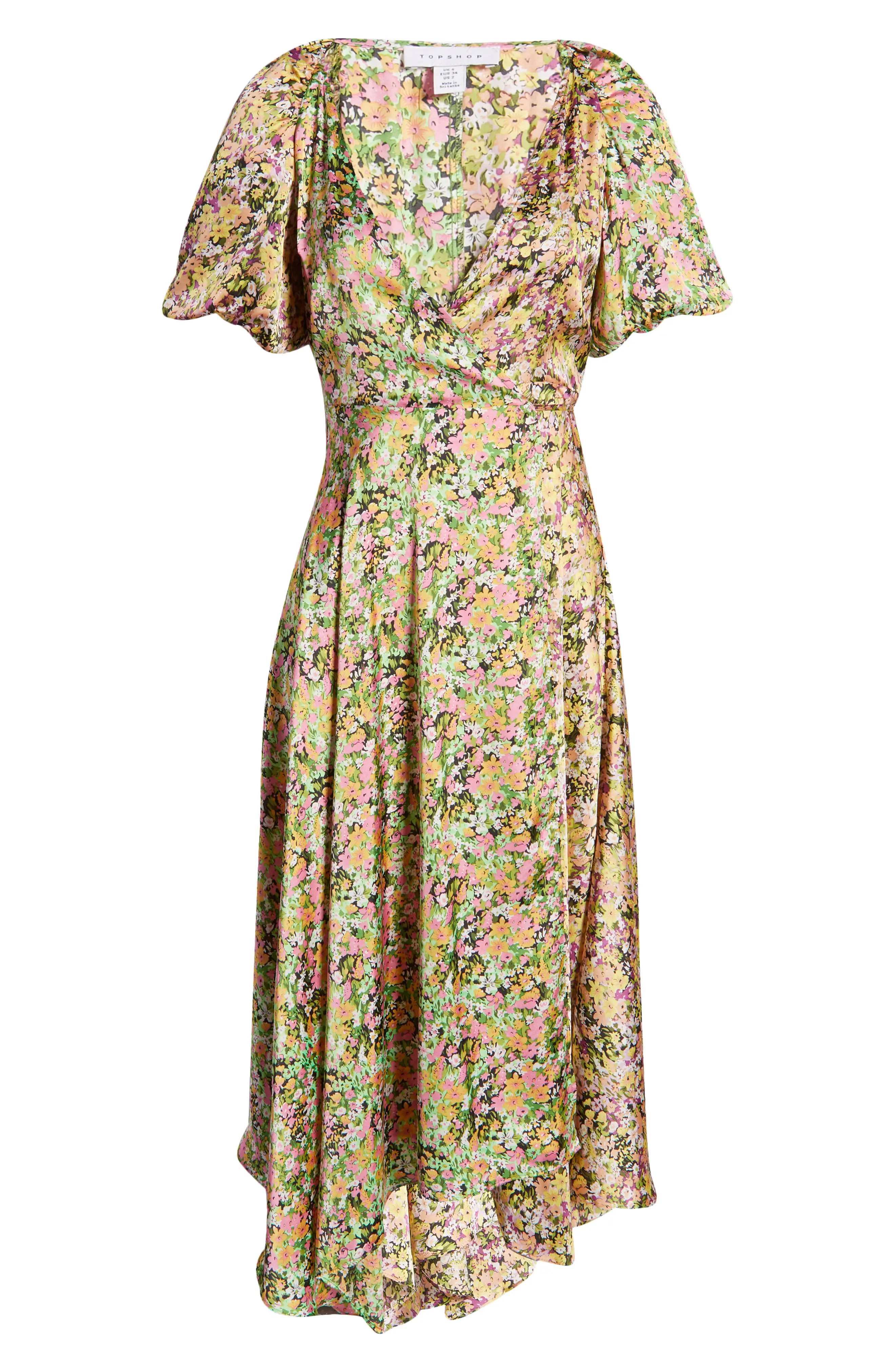 Topshop Floral Puff Sleeve Midi Dress in Yellow at Nordstrom, Size 2 Us | Nordstrom