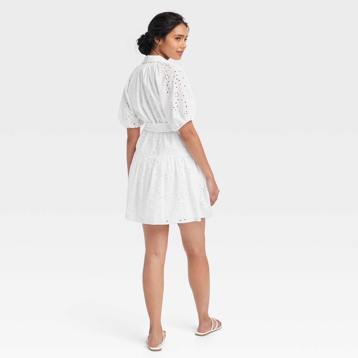 Women's Eyelet Balloon Elbow Sleeve Mini Shirtdress - A New Day™ White S | Target