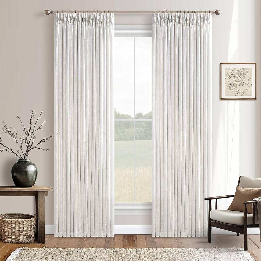 Beige White Pinch Pleated 96 Inch Curtains 2 Panel Set for Living Dining Room Neutral Thick Linen... | Amazon (US)