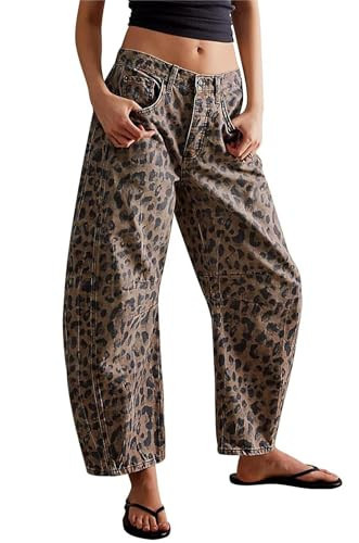 Womens Stretchy Mid Rise Barrel Jeans Vintage Loose Wide Leg Cropped Denim Pants Y2k Baggy Boyfriend Jeans (X-Large,Classic Leopard) | Amazon (US)