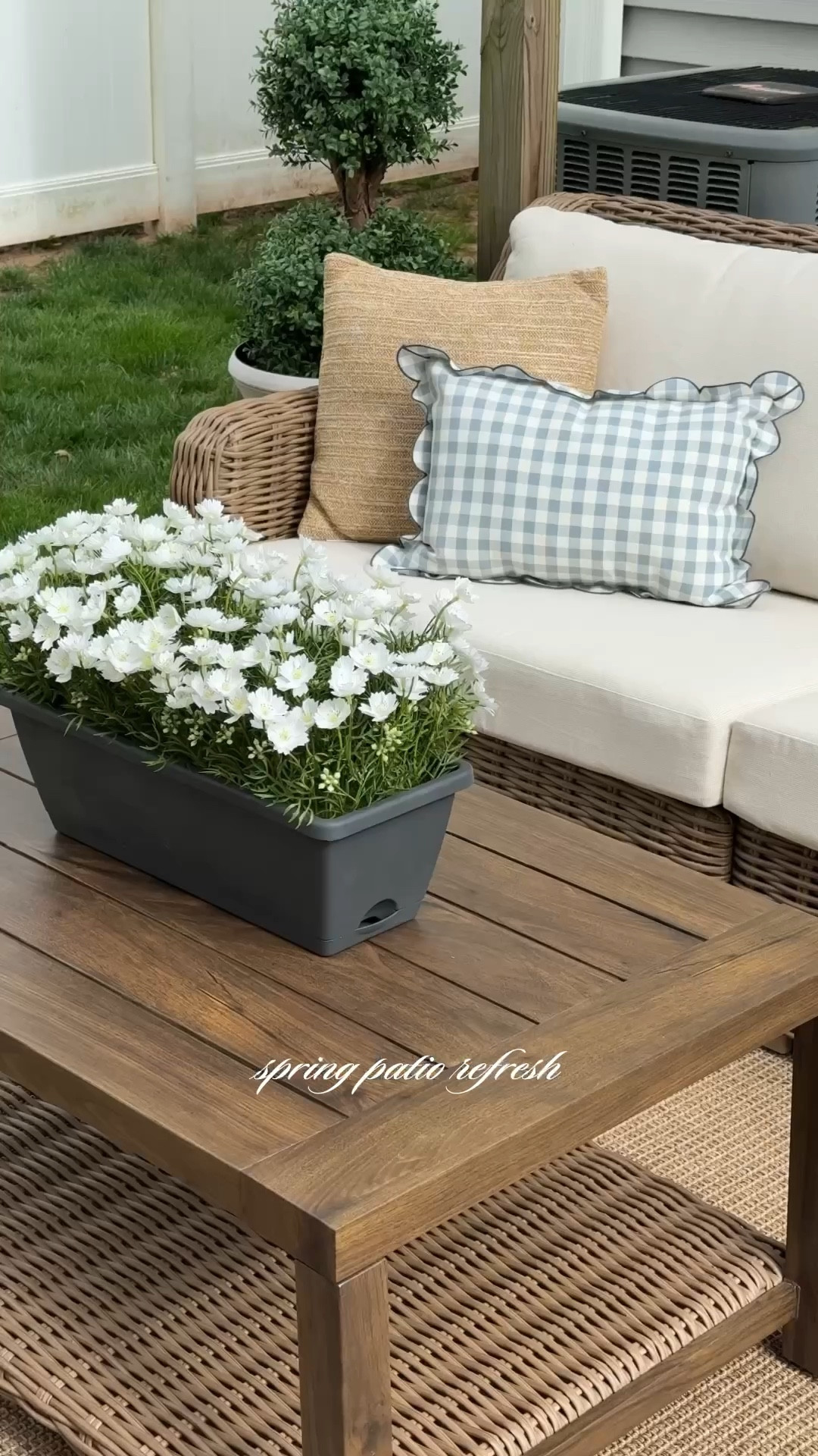 A little backyard refresh in honor of this beautiful spring weather 🪴 Was hesitant about this Walmart furniture at first but I ended up LOVING it, such good quality for the price.

Pillows, artificial florals, and side tables are from HomeSense so can’t link — blue gingham lumbar pillow is discontinued from Target! (PS. Hopefully one day I will have real flowers but too lazy to upkeep LOL)

#LTKHome #LTKSaleAlert #LTKSeasonal