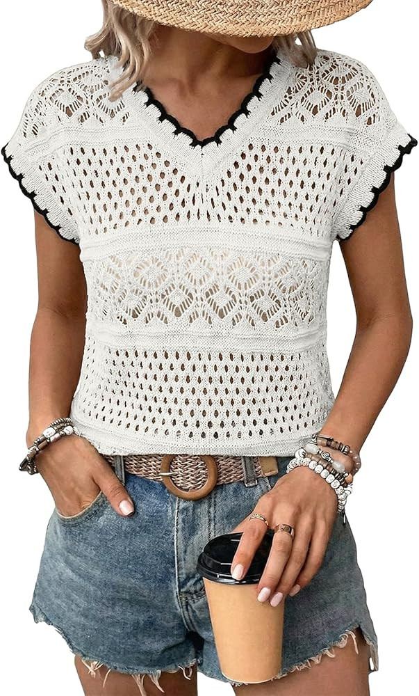 Acelitt Womens Summer V Neck Short Sleeve Sweater Casual Crochet Hollow Out Knit Tops Pullover Sh... | Amazon (US)