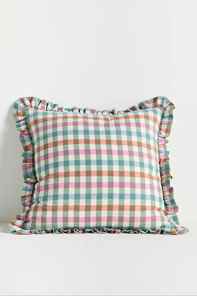Ana Cotton Gingham Printed Ruffle Pillow | Anthropologie (US)