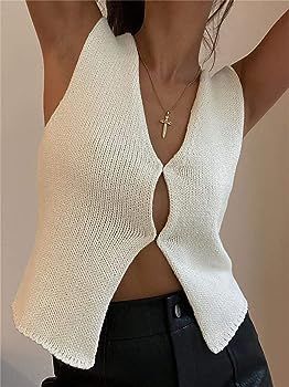 Crochet Knit Vest Top for Women Hollow Out Button Down V Neck Crochet Crop Top Sleeveless Sweater... | Amazon (US)