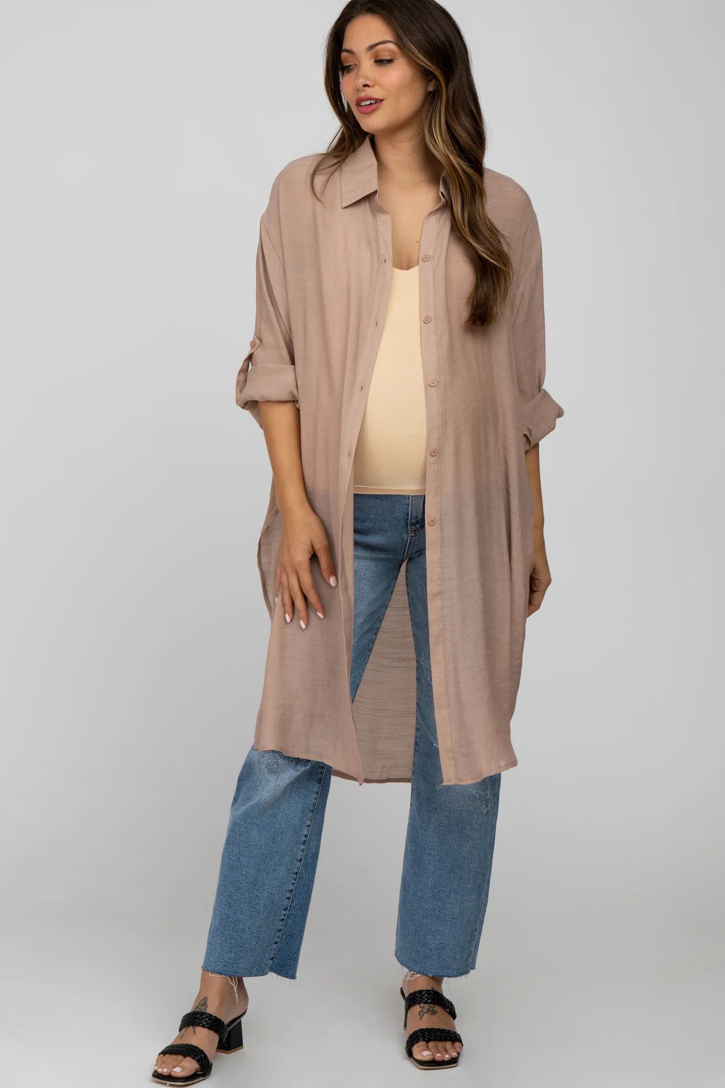 Taupe Button Front Side Slit Oversized Maternity Blouse | PinkBlush Maternity