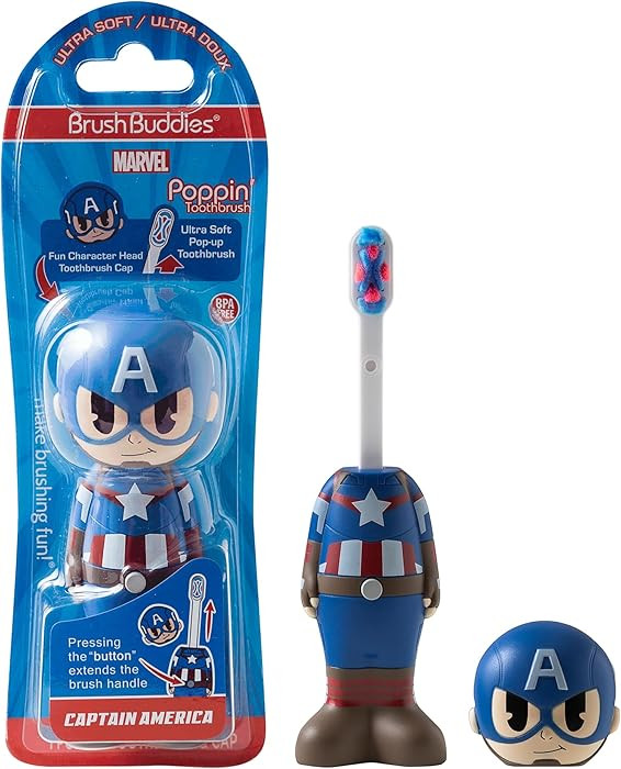 Brush Buddies Marvel Captain America Kids Toothbrush, Soft Rounded Bristles, Poppin' Fun Superher... | Amazon (US)