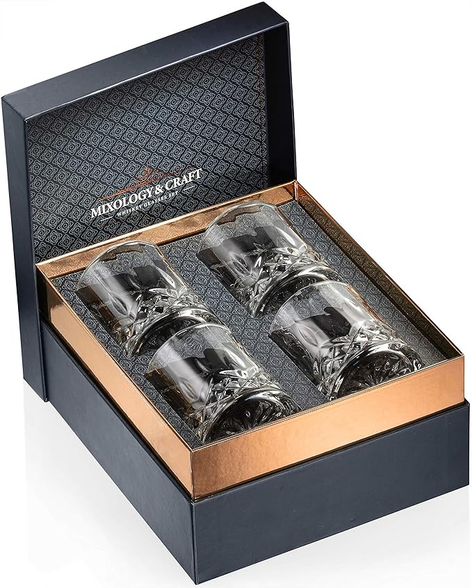 Whiskey Glasses Gift Set of 4 Rocks Glasses // 10oz Crystal Old Fashioned Whiskey Glasses with a ... | Amazon (US)