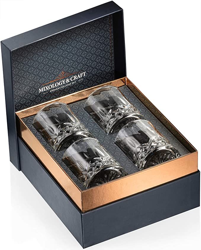 Whiskey Glasses Gift Set of 4 Rocks Glasses // 10oz Crystal Old Fashioned Whiskey Glasses with a ... | Amazon (US)