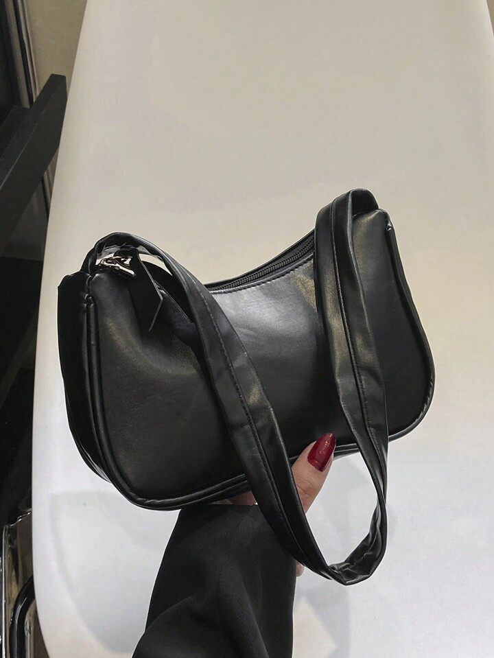 Solid Color Shoulder Bag, Women's Trendy Zipper Bag, Simple Pu Baguette Bag Portable black purse ... | SHEIN