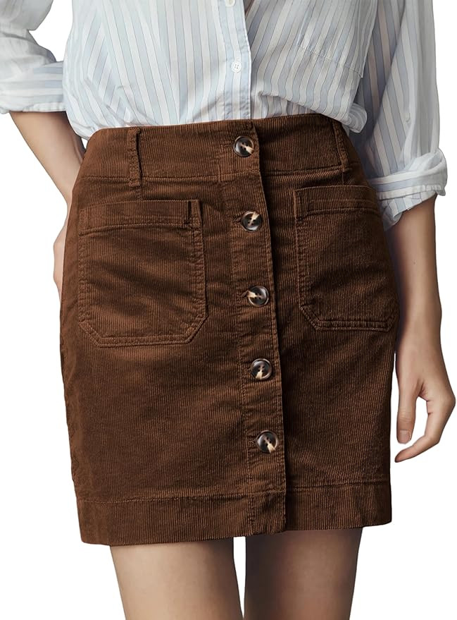 Dqbeng Women's Corduroy Mini Skirt High Waist Button Front A-Line Short Skirt with Pockets | Amazon (US)