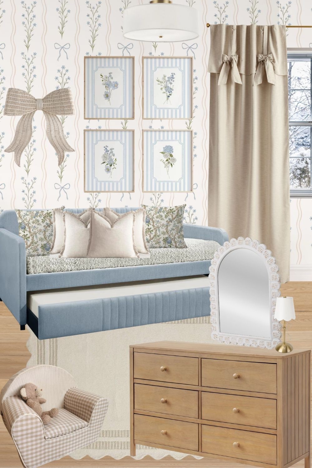 Adorable blue/beige girls bedroom inspiration with bow details🤍

Kids bedroom mood board, little girls bedroom, toddler bed, kids room wallpaper, kids bedroom furniture, scallop rug, scallop decor, 

#LTKHome #LTKKids