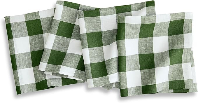 Solino Home Linen Napkins Set of 4-100% Pure Linen Olive and White Buffalo Check Dinner Napkins C... | Amazon (US)