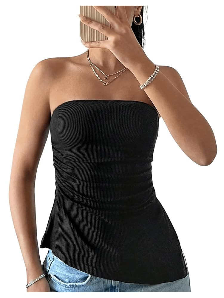 SOLY HUX Women's Tube Top Strapless Sleeveless Split Ruched Asymmetrical Hem Bandeau Tops | Amazon (US)