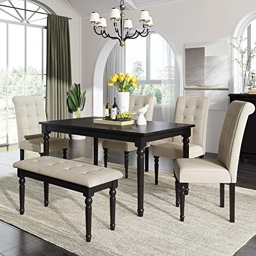 6-Piece Dining Room Table Set with 4 Upholstered Dining Chairs, Rustic Wooden Kitchen Dining Tabl... | Amazon (US)