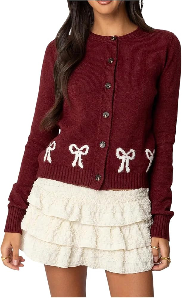 SweatyRocks Women's Bow Cardigan Sweaters Trendy Long Sleeve Button Down Knitwear Fall Sweater | Amazon (US)