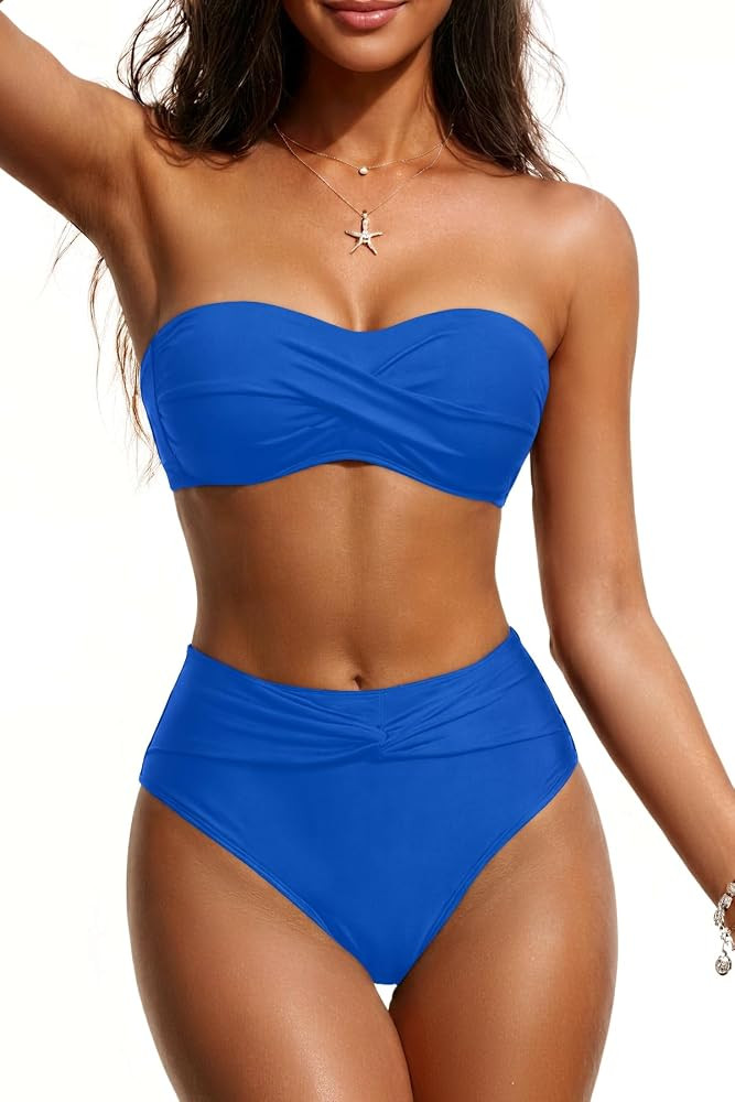 Tempt Me Women Bandeau Bikini Set Twist Strapless Two Piece Swimsuit High Cut High Waisted Bathin... | Amazon (US)