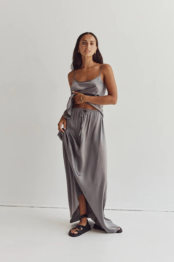 LAYLA CHARCOAL SILK MIDI SKIRT | DISSH