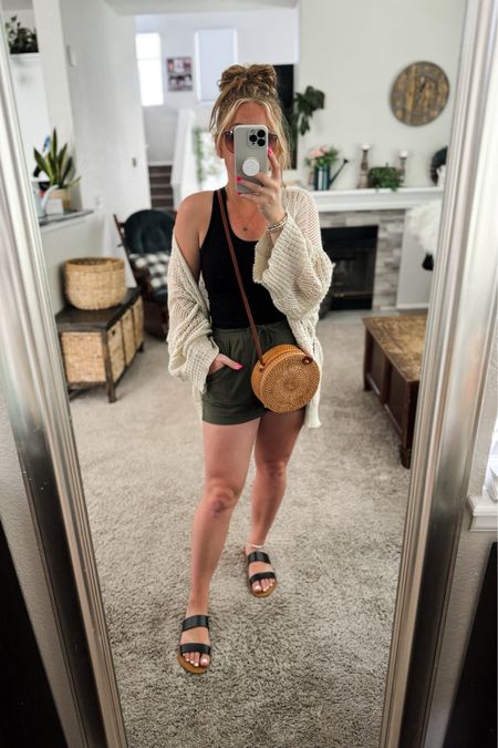 Summer outfit with olive green linen shorts (these are from a 2 piece set, size up if in between as there isn’t a lot of stretch in these) black crop tank top, knit cardigan, round rattan bag, and black sandals.  
// Memorial Day sale, Summer outfits 2024, mom outfit ideas, summer outfit amazon, Amazon outfit ideas, casual outfit ideas, spring outfit inspo, casual fashion, amazon summer fashion, amazon casual outfit, cute casual outfit, outfit inspo, outfits amazon, outfit ideas, amazon shoes, Amazon bag, purse, size 4-6, casual summer outfits, casual outfit ideas everyday, summer fashion #ltkfindsunder100 



#LTKFindsUnder50 #LTKSaleAlert #LTKStyleTip