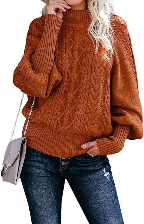 Dokotoo Womens Winter Casual Long Sleeve Solid Color Cable Knit Balloon Sleeve Mock Neck Sweater ... | Amazon (US)