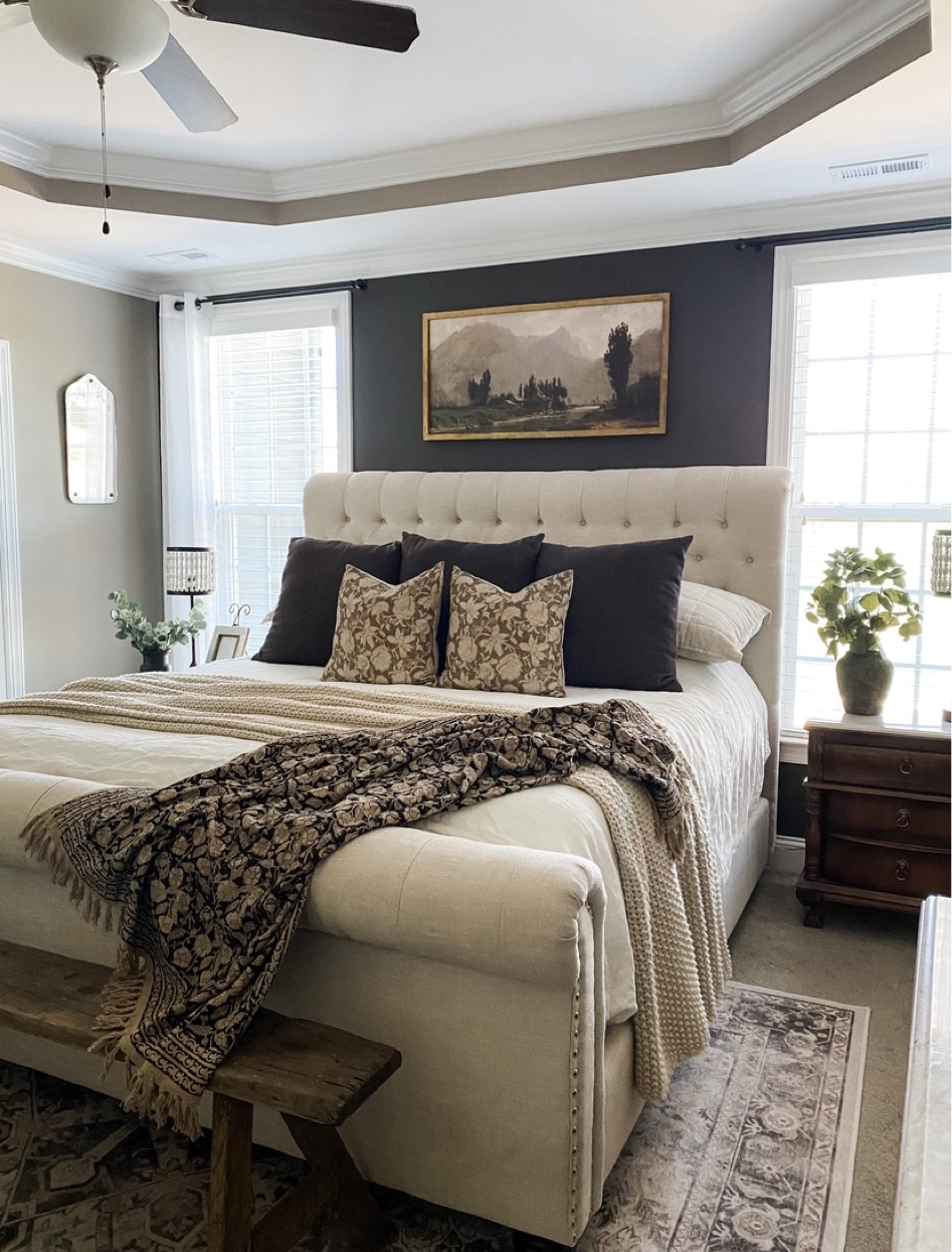 Peel & stick vintage art
Upholstered bed, chunky blanket, throw blanket, Ruggable rug, beaded lamps, vintage bench, throw pillows, curtain rods, sheet curtains

#competition#LTKFind

#LTKhome #LTKSeasonal