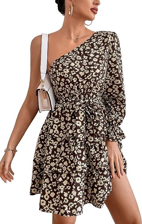 PRETTYGARDEN Women's Summer Tie One Shoulder Boho Floral Dress Elastic Waist Tiered Ruffle A Line... | Amazon (US)