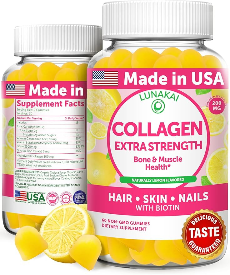 Lunakai USA Made Collagen Peptides Gummies - 200mg Non-GMO Anti-Aging Formula with Biotin, Zinc, ... | Amazon (US)