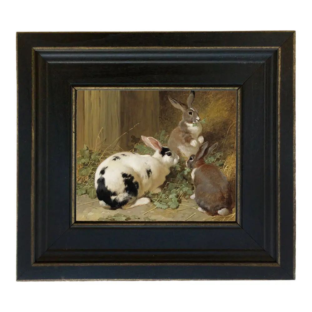 Early American Farmyard Rabbits Framed Oil Painting Print on Canvas in Black Wood Frame | Chairish