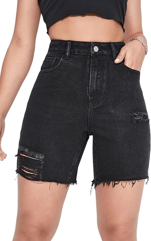 SweatyRocks Women's High Waist Ripped Denim Shorts Straight Leg Frayed Raw Hem Summer Hot Pants J... | Amazon (US)