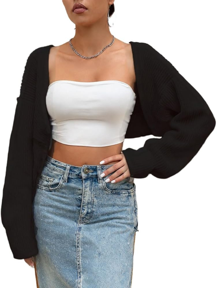 LOFAAC Women Y2K Open Front Rib Knit Shrug Crop Cardigan Solid Drop Shoulder Puff Long Sleeve Cro... | Amazon (US)