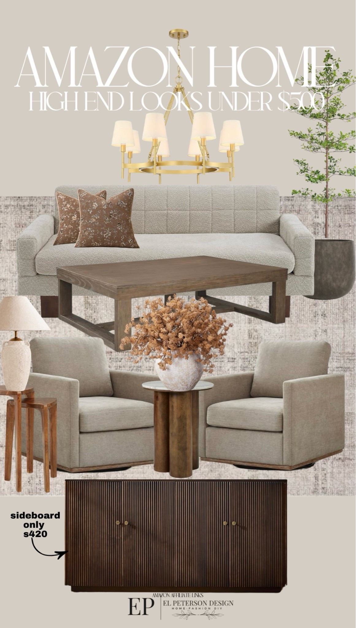 Amazon
Rug
Blank olive tree
Planter
Accent table
Stems
Coffee table
Set of 2 accent chairs
Sideboard
Chandelier 
Loveseat

#LTKHome
