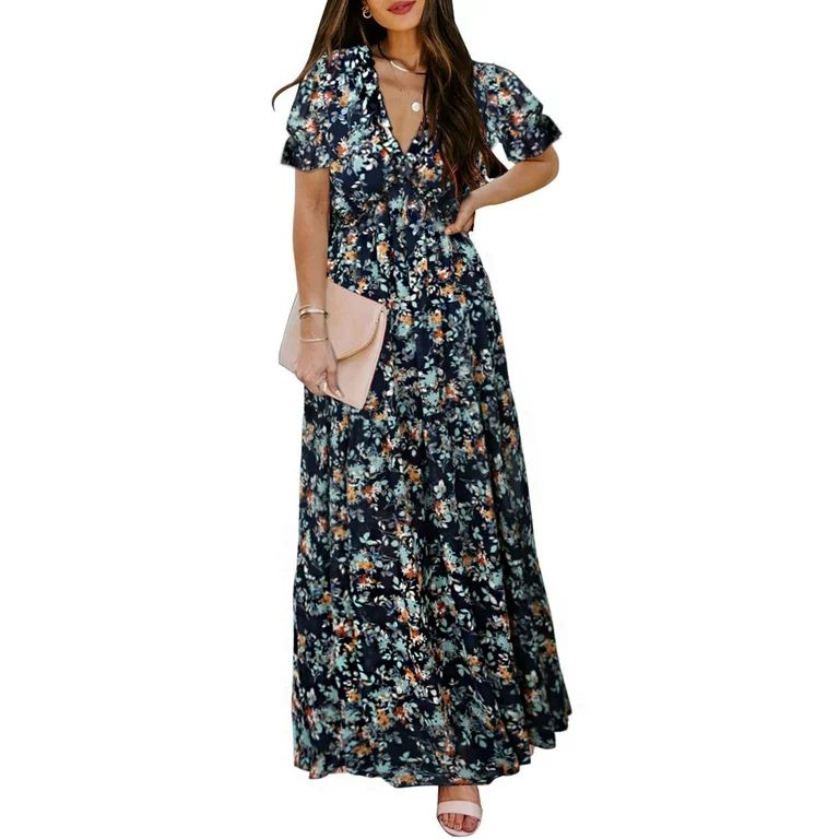 Dokotoo Floral Maxi Dresses for Women Casual Dressy Empire Waist Ruffle Tiered Chiffon Maxi Dress... | Walmart (US)