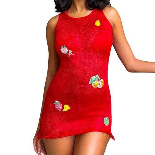 Women's Y2K Sleeveless Knit Mini Dress Casual Crochet Ruffle Hem Sleeveless Bodycon Tank Dresses Beach Sundress (Red, L) | Amazon (US)