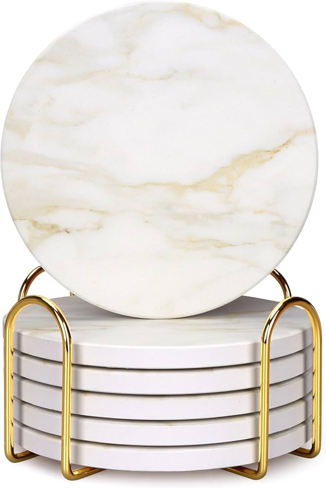 White Marble Style Ceramic Coasters Set of 6 with Holder Modern Coffee Table Decor Drink Coaster ... | Amazon (US)