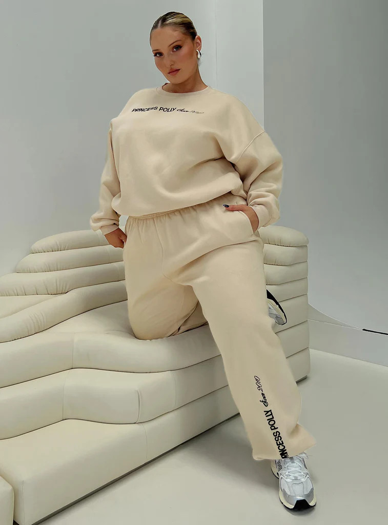 Princess Polly Track Pants Block / Cursive Text Stone Curve | Princess Polly US