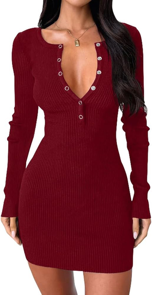 Dressmine Women Long Sleeve Sweater Dress 2025 Fall Sexy V Neck Button Down Bodycon Dresses Cockt... | Amazon (US)