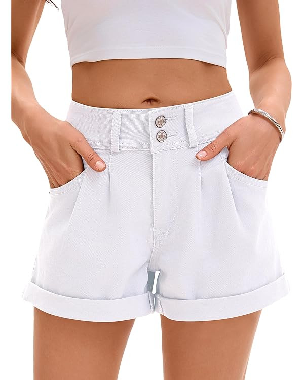 Women Mid Rise Ripped Jean Shorts Casual Stretchy Denim Shorts Frayed Raw Hem | Amazon (US)