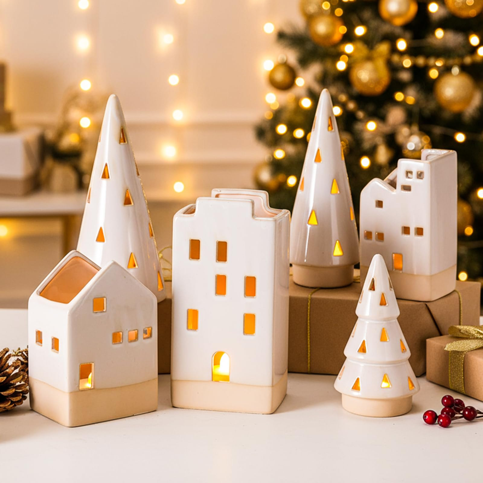 6 Pcs Christmas Ceramic Buildings Decoration, 4.4" to 9.4" White Christmas Tree & Houses Tealight... | Amazon (US)