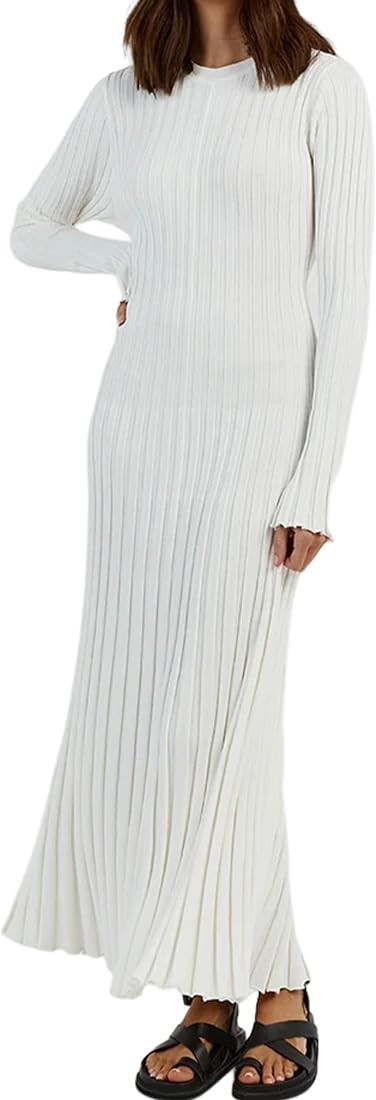 SAFRISIOR Women Long Sleeve Ruched Pleated Ribbed Knit Maxi Long Dress Crew Neck Bodycon Ruffle T... | Amazon (US)