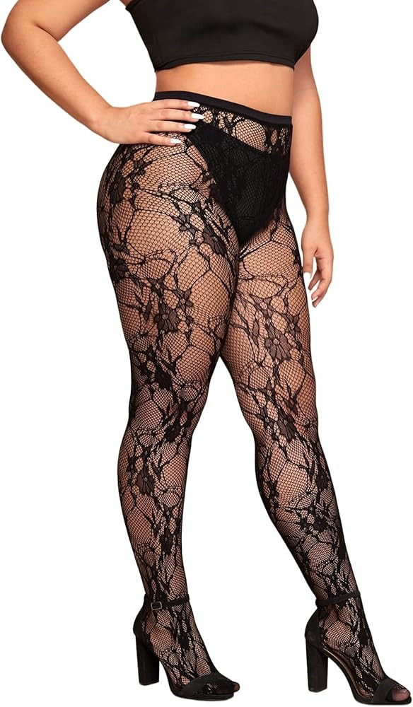 Floerns Women's Plus Size Floral Lace Sheer Leggings Tights Pantyhose Stockings | Amazon (US)